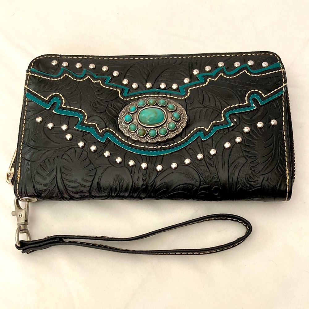 Montana West Wallet Black with Studs and Faux Turquoise Details
